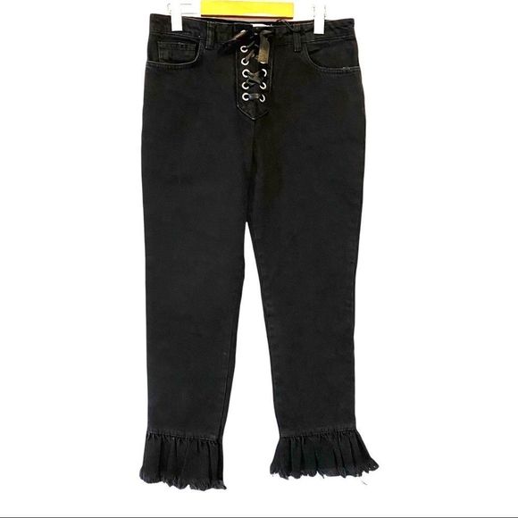 NWT Mango Women's Boot-Leg ruffle hem Lace Closure Jeans, Black 100% cotton - Picture 5 of 11